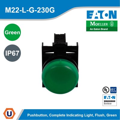 Eaton M22 modular pushbutton, Green Indicating Light, Flush, IP67, IP69K, NEMA l M22-L-G-230G