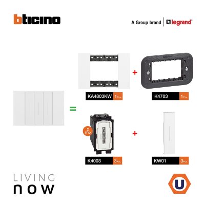 BTicino ชุดสวิตช์สองทาง 3 สวิตช์ พร้อมหน้ากากขนาด 3 ช่อง สีขาว 2 WAY Switch 3 modules, cover plate white | Living Now