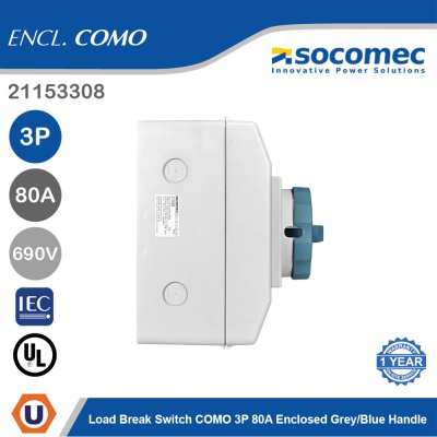 Socomec Load Break Switch COMO 3P 80A Enclosed Grey/Blue Handle | 21153308