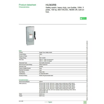 Schneider Electric Safety Switch 100A 3 เฟส 600VAC เซฟตี้สวิตช์ แบบติดตั้งฟิวส์ได้ ใช้ภายนอกอาคาร | H363RB