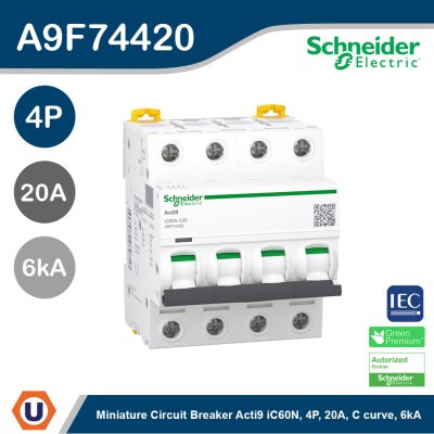 Schneider Electric Miniature circuit breaker (MCB), Acti9 iC60H 4P, 20A, C curve, 6000A, 10kA | A9F74420