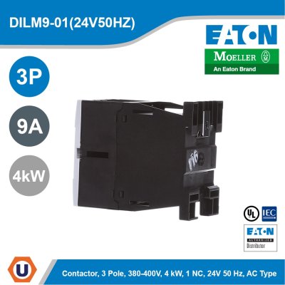 EATON Contactor, 3 pole, 380 V 400 V 4 kW, 1 NC, 24 V 50 Hz, AC operation, Screw terminals | DILM9-01(24V50HZ)