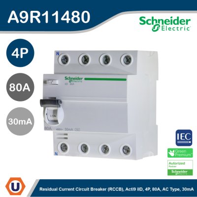 Schneider Electric Residual Current Circuit Breaker (RCCB) Acti9 iID 4P 80A AC Type 30mA | A9R11480