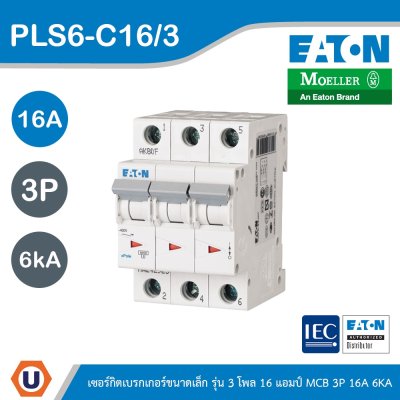 EATON ลูกย่อยเซอร์กิตเบรกเกอร์ขนาดเล็ก รุ่น 3 โพล 16แอมป์ (MCB) 3P 16A 6kA รหัส PLS6-C16/3