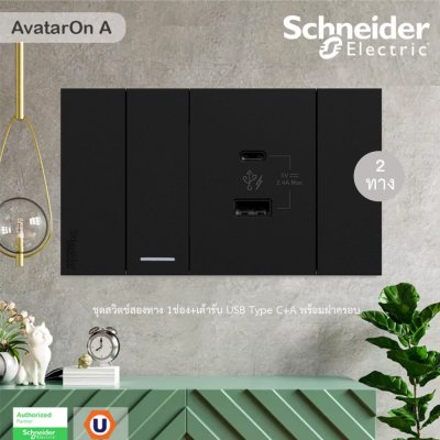 Schneider Electric ชุดสวิตช์สองทาง 1ช่อง+เต้ารับ USB Type C+A พร้อมฝาครอบ | สีดำ | AvatarOn A
