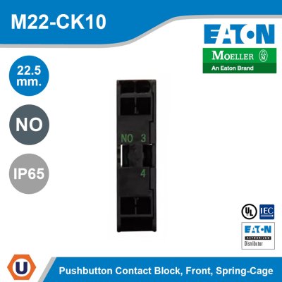 EATON M22 Pushbutton Contact Block 22.5 mm. Front Spring-Cage Button Black NO IP65 | M22-CK10