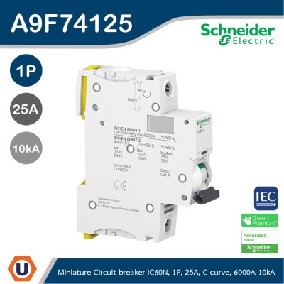 Schneider Electric Miniature circuit-breaker Acti9 iC60N 6kA@400VAC, 1Pole, 25A | A9F74125