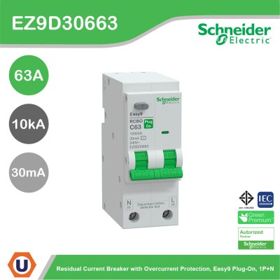 Schneider Electric เมนเซอร์กิตเบรกเกอร์ป้องกันไฟดูด รุ่น Easy9 Plug-On ขนาด 1P+N 10kA 63A 30mA รหัส EZ9D30663