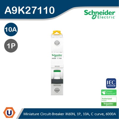 Schneider Electric Miniature circuit-breaker, Acti9 iK60N, 1P, 10 A, C curve, 6000 A (IEC 60898-1) I A9K27110