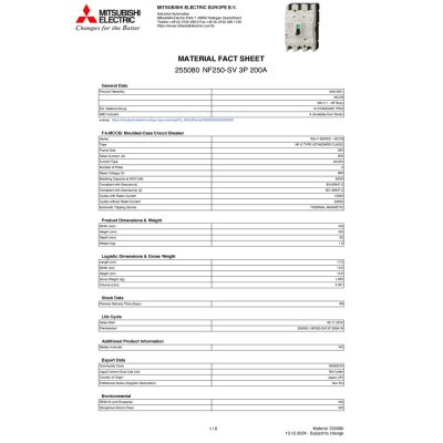 MITSUBISHI Circuit Breaker MCCB สวิตช์ตัดตอนอัตโนมัติ | NF250-SV 3P 200A