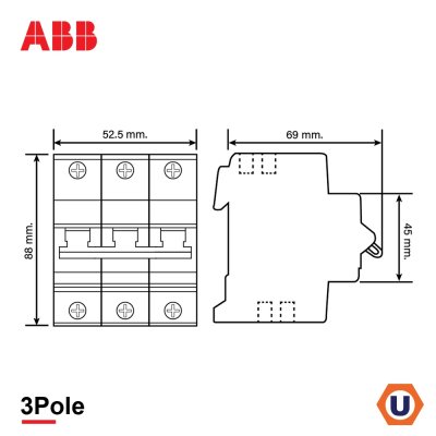 ABB เมนเซอร์กิตเบรกเกอร์ 6 แอมป์ 3 โพล 10 kA ป้องกันการใช้กระแสไฟเกินกำหนด | S203M-C6