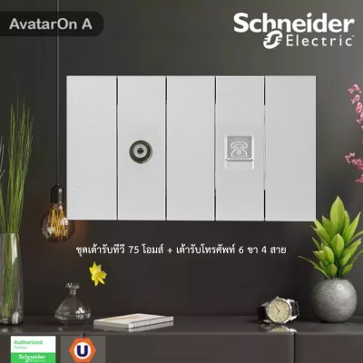 Schneider Electric ชุดเต้ารับทีวี 75 โอห์ม + เต้ารับโทรศัพท์ 6ขา 4สาย สีเทา | AvatarOn A
