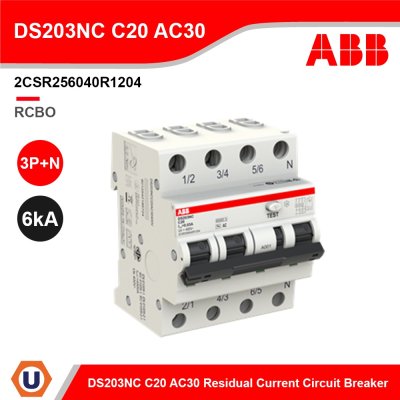ABB อุปกรณ์ป้องกันไฟรั่วไฟดูด (RCBO) และกระแสไฟเกิน, 3P+N, 30mA, 20A รุ่น DS203NC C20 AC30 l 2CSR256040R1204