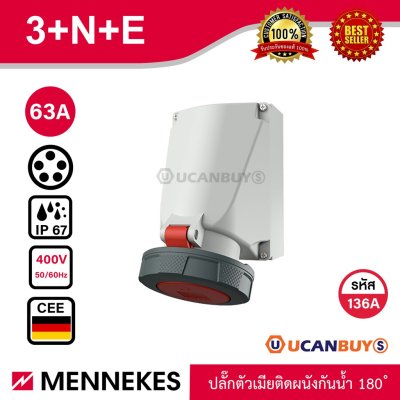 MENNEKES 136A ปลั๊กตัวเมียติดผนัง เข้าสายด้าน บน-ล่าง (3P+N+E) 63A 400V IP67
