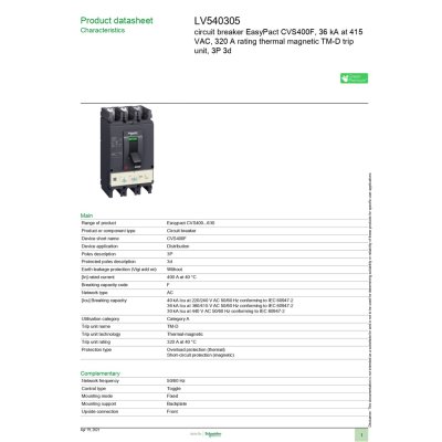 Schneider Electric Circuit breaker CVS400F 36 kA at 415 VAC 320A TM-D trip unit 3P l LV540305