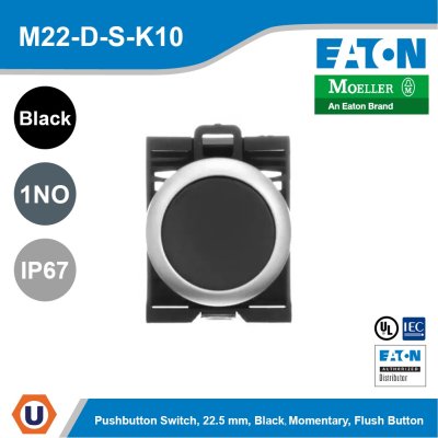 EATON Pushbutton, Black Actuator, Silver Bezel, 1No, Ip67, Ip69K, Non-Illuminated l M22-D-S-K10