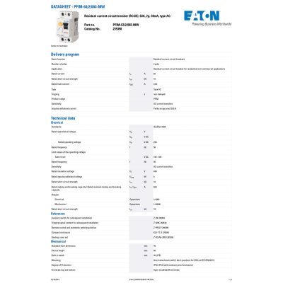 EATON PFIM-63/2/003-A-MW - Residual current circuit breaker (RCCB), 63A, 2P, 30mA, type A