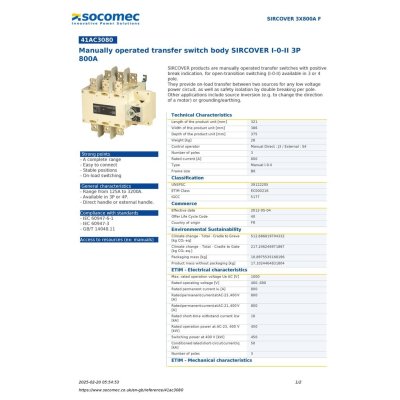 Socomec Manually Operated Transfer Switch Body SIRCOVER I-0-II 3P 800A | 41AC3080