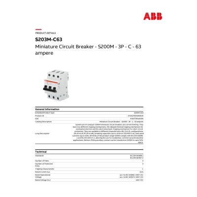 ABB เมนเซอร์กิตเบรกเกอร์ 63 แอมป์ 3 โพล 10 kA | S203M-C63