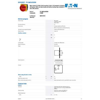 Eaton series P3 Main switch, P3, 100A, flush mounting, 3P + N, Emergency switching off function l P3-100/EA/SVB/N