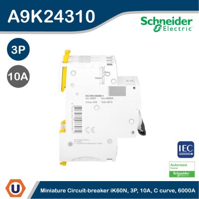 Schneider Electric Miniature Circuit-Breaker, Acti9 iK60N, 3P, 10 A, C Curve, 6000 A (IEC 60898-1) I A9K24310