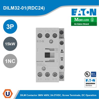 EATON Contactor 3P 380V 400V 15kW 1NC 24-27VDC DC Operation Screw Terminals | DILM32-01(RDC24)