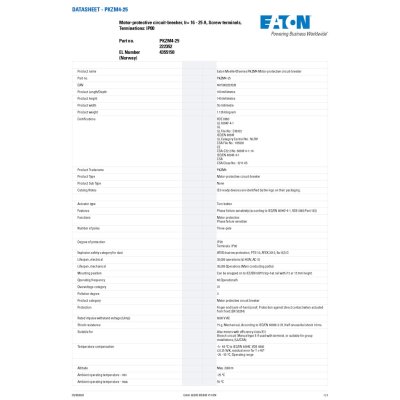 EATON Motor Protective Circuit Breaker, ช่วงปรับกระแส 16-25A, 12.5kW, 16.75HP, 25A AC-3, 380V Screw terminals l PKZM4-25
