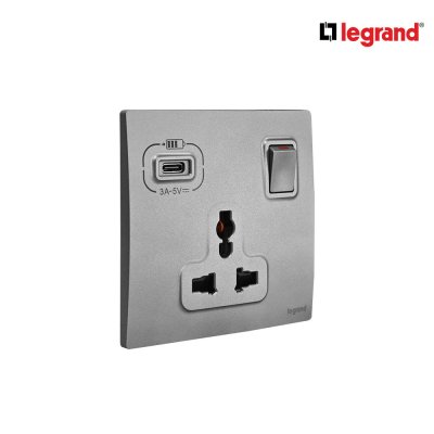 Legrand เต้ารับสากล มีสวิตช์ควบคุม + เต้ารับ Type C สีเทาดำ รุ่นมาเรียเซนต์ | Mallia Senses | 281125DS