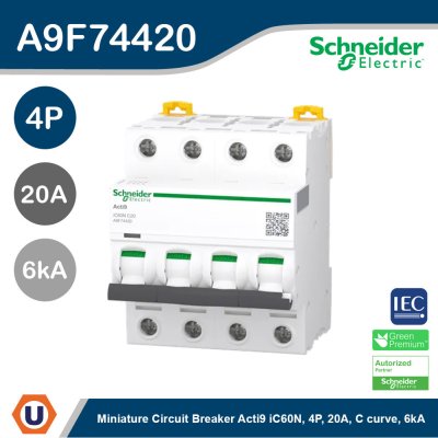 Schneider Electric Miniature circuit breaker (MCB), Acti9 iC60H 4P, 20A, C curve, 6000A, 10kA | A9F74420