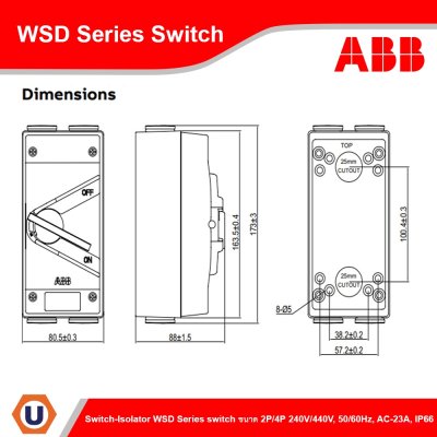 ABB WSD263CL Switch-Isolator WSD Series switch 63 A 2P, IP66 | 2TCZ751006R0004