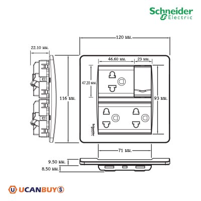 Schneider ชุดเต้ารับเดี่ยว+สวิตช์ทางเดียว 1ช่อง+เต้ารับคู่ พร้อมฝาครอบขนาด 6ช่อง รุ่น Concept