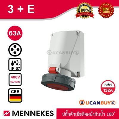 MENNEKES 132A ปลั๊กตัวเมียติดผนัง เข้าสายด้าน บน-ล่าง (3P+E) 63A 400V IP67