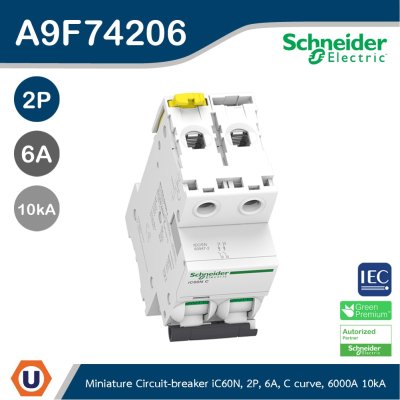 Schneider Electric Miniature circuit-breaker, Acti9 iC60N 6kA@400VAC, 2Pole, 6A | A9F74206