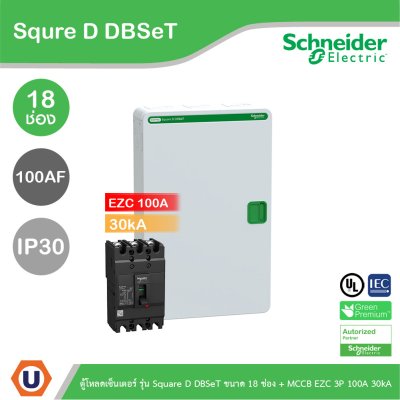 Schneider Electric ตู้โหลดเซ็นเตอร์ รุ่น Square D DBSeT ขนาด 18ช่อง + MCCB รุ่น EZC 3P 100A 30kA