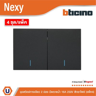แพ็ค4 | BTicino ชุดสวิตช์ทางเดียว ขนาด 2ช่อง มีพรายน้ำ สีกราไฟต์ 1 Way Switch 2 Gang Graphite | Nexy
