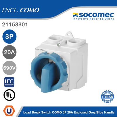 Socomec Load Break Switch COMO 3P 20A Enclosed Grey/Blue Handle | 21153301