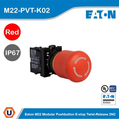 EATON M22 Modular Pushbutton E-stop Twist-release 2NC IP67 | M22-PVT-K02