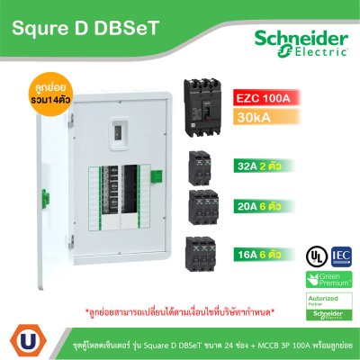 Schneider Electric ชุดตู้โหลดเซ็นเตอร์ Square D DBSeT 24ช่อง+MCCB EZC 3P 100A 30kA พร้อมลูกย่อย14ตัว