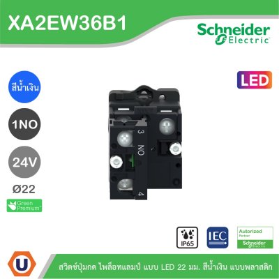 Schneider Electric สวิตซ์ปุ่มกดมีไฟล็อทแลมป์ แบบ LED 22มม. แบบพลาสติก | XA2AW36B1