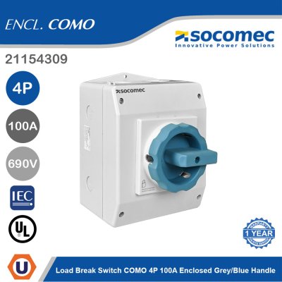 Socomec Load Break Switch COMO 4P 100A Enclosed Grey/Blue Handle | 21154309