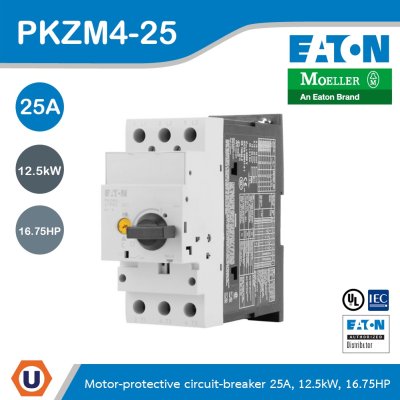 EATON Motor Protective Circuit Breaker, ช่วงปรับกระแส 16-25A, 12.5kW, 16.75HP, 25A AC-3, 380V Screw terminals l PKZM4-25