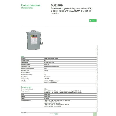 Schneider Electric Safety Switch 60A 3 เฟส 240VAC เซฟตี้สวิตช์แบบไม่มีฟิวส์ ใช้ภายนอกอาคาร | DU322RB