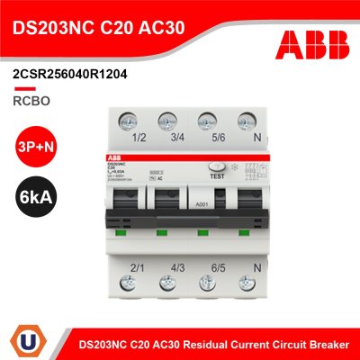 ABB อุปกรณ์ป้องกันไฟรั่วไฟดูด (RCBO) และกระแสไฟเกิน, 3P+N, 30mA, 20A รุ่น DS203NC C20 AC30 l 2CSR256040R1204