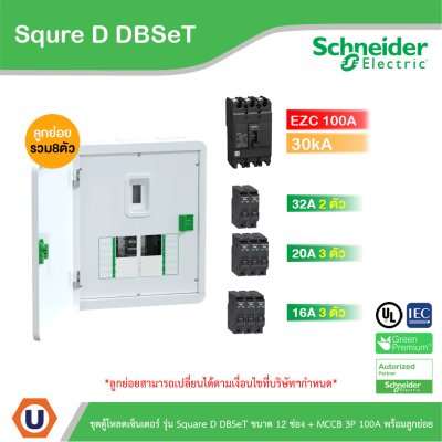 Schneider Electric ชุดตู้โหลดเซ็นเตอร์ Square D DBSeT 12ช่อง+MCCB EZC 3P 100A 30kA พร้อมลูกย่อย 8ตัว