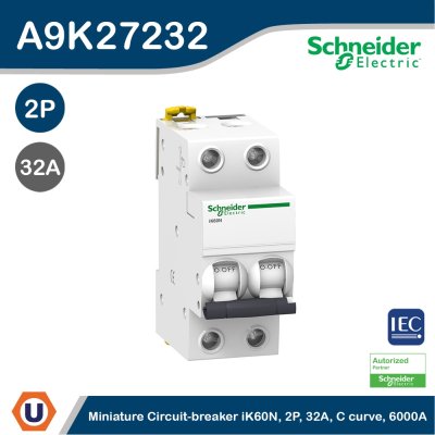 Schneider Electric Miniature Circuit-Breaker, Acti9 iK60N, 2P, 32 A, C Curve, 6000 A (IEC 60898-1) I A9K27232