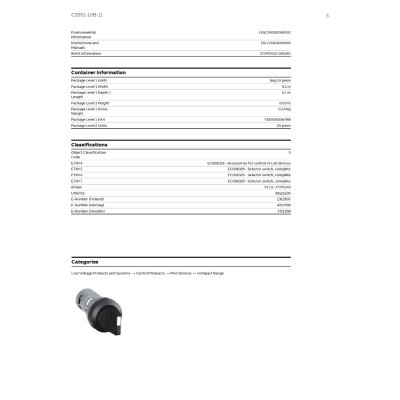ABB Compact สวิตช์เลือกตำแหน่ง 3 ตำแหน่ง,บิดค้าง 1NO+1NC สีดำ | 1SFA619210R1076 | C3SS1-10B-11