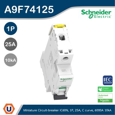 Schneider Electric Miniature circuit-breaker Acti9 iC60N 6kA@400VAC, 1Pole, 25A | A9F74125