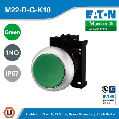 Eaton M22 modular pushbutton, 22.5 mm RMQ-Titan Pushbutton,Green Actuator, l M22-D-G-K10