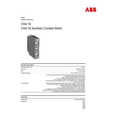 ABB Auxiliary Contact - 1NO, 1 Contact, Front Mount, 6A | CA4-10 | 1SBN010110R1010