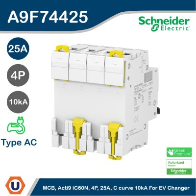 Schneider Electric เบรกเกอร์ MCB, Acti9 iC60N, 4P, 25 A, C curve, 10 kA รหัส A9F74425